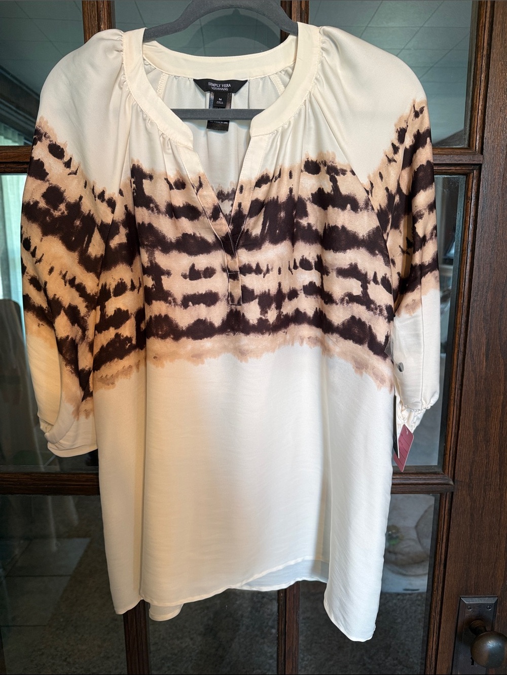 Simply Vera Vera Wang Brown Tie Dye Split Neck 3/4 Sleeve Blouse M Boho NWT Chic